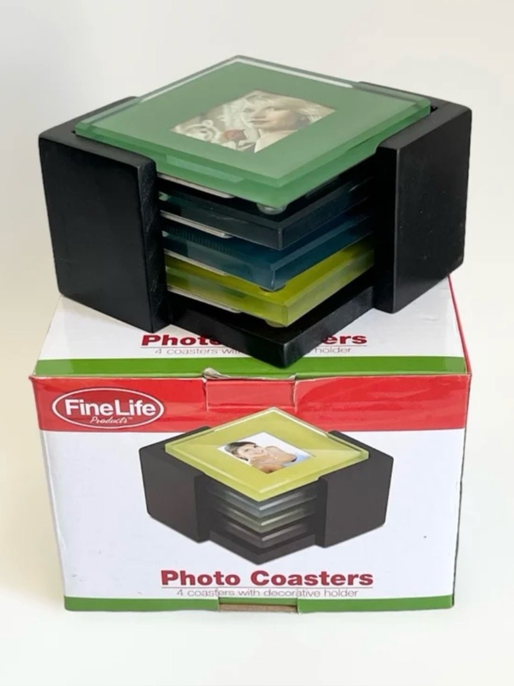FineLife Set of 4 Multicolor Beveled Photo Glass Coasters With Black Wood Holder